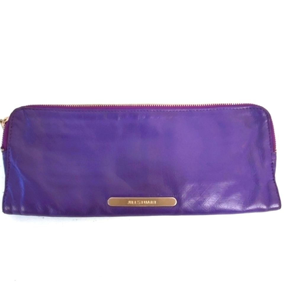 Jill Stuart Leather Fold Over Clutch Purple Double Zip with Purse Charm Designer
